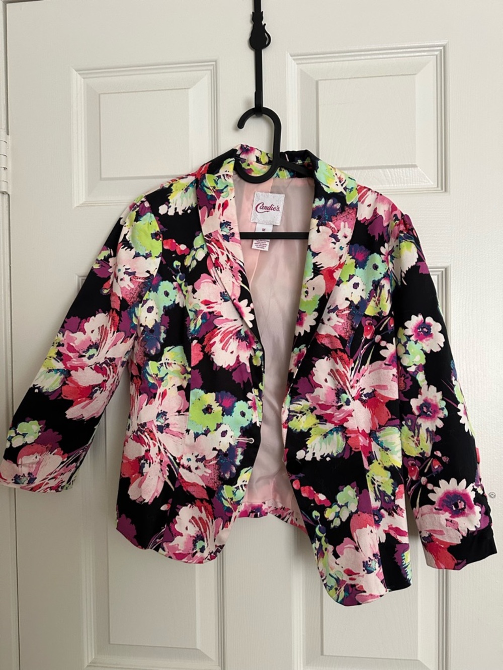Candie's Floral Blazer Jacket Black with Pink & Green Floral Print Size M